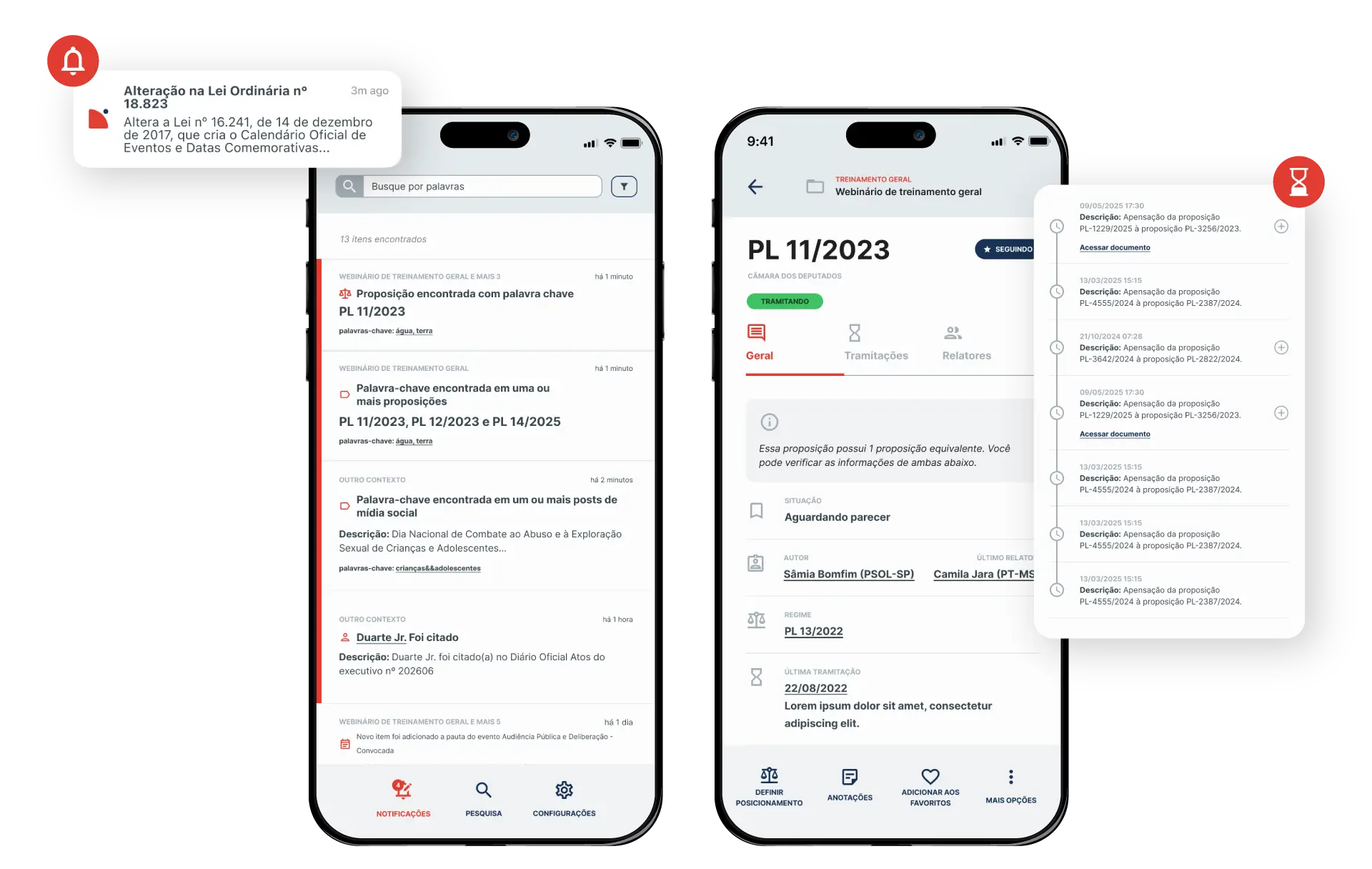 Telas do aplicativo DataPolicy com notificações e detalhes de uma proposição